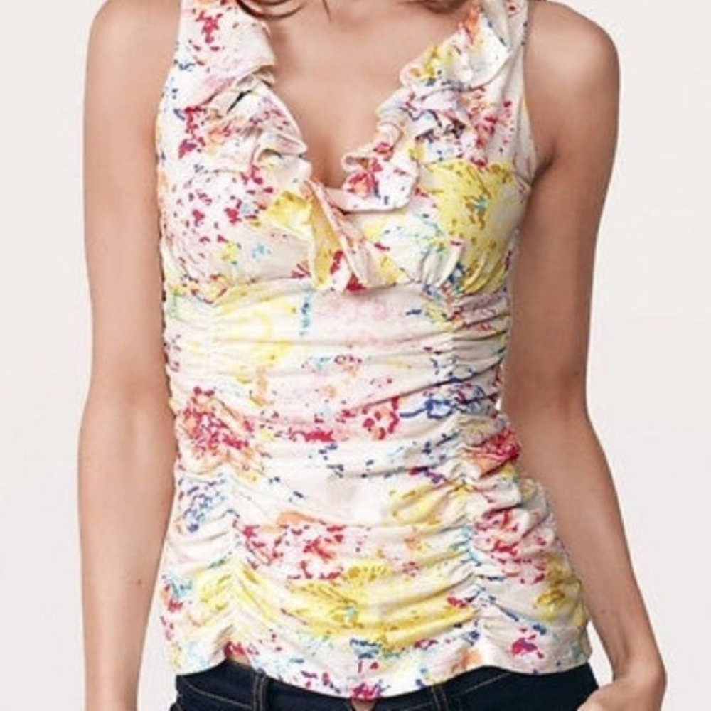 CAbi Ruffle Splatter Print Sleeveless Blouse